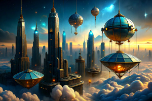 Create a scene of a midjourney in a city suspended in the clouds, where airships navigate between skyscrapers made of ancient crystal structures.