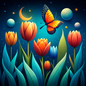 Mariposa, girasoles,  tulipanes, luna