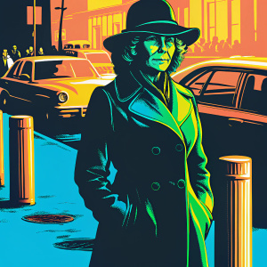 Camilla, a distinguished woman in a stylish black hat and tailored coat, elegantly walking down a bustling city street. Natural light illuminates her sophisticated outfit as she passes by street barriers and passing cars.