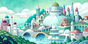 White illustration, Wes Anderson style, surreal collage of many complex sophistic buildings and a lot of bridges, vast ocean and sky, white color, grainy paper