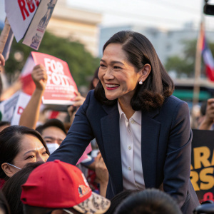 Senator Risa Hontiveros at a rally, engaging with the crowd, smiling warmly.