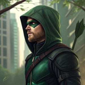 Stephen Amell as Green Arrow, in digital artwork. Wears green hood, mask-like covering over one eye, and a beard.