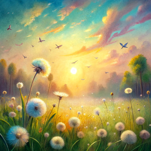 Vintage Old, Spring Meadow with small white Dandelion Flowers in Motion they fly to the wind with the Sunrise in the background. Photo Realistic