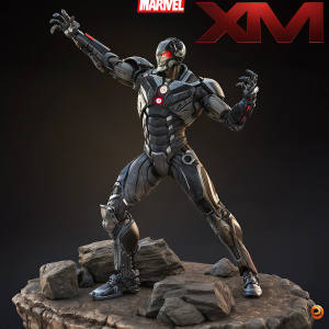 The Ultron robot character in a menacing stance. Futuristic mechanical design with arms raised. Complex details, various mechanical components on a rocky base. Dark background with the Marvel Comics and XM logos prominently displayed.