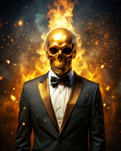 effect, photoshop action, realistic golden skull with human body in tuxedo gold on head, flames of fire, sparks, dust, explosion, effect, quality xd, 