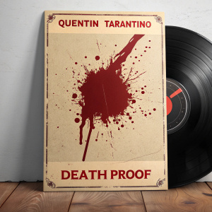 DVD cover of Quentin Tarantino's 'Death Proof'. Dominant crimson splatter artwork, alongside various foreign text and film details. Dramatic design, crimson splatter at center.