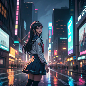 Anime girl, long black hair, wearing a futuristic school uniform. Poses in a bustling cityscape at night, neon lights reflecting off wet streets