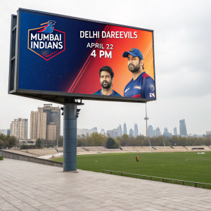Advertisement for the cricket match between Mumbai Indians and Delhi Daredevils. April 22, 4PM onwards. Digital billboard with vibrant colors, graphic design.