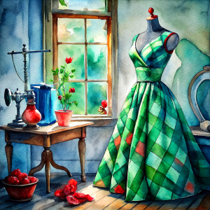 In the living room, on the mannequin, hangs a dress made of red-green plaid fabric. Everything is in an old-fashioned but elegant style in the living room. On the right side, there is a sewing machine, and scattered around are sewing materials and threads. Beautiful flowers stand in the window."




