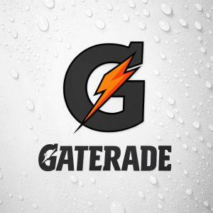 A dynamic logo for Gatorade. Bold black letter 'G' with a sleek, vibrant orange lightning bolt within. Minimalist design on a crisp white backdrop. Perfect for both digital and print media.