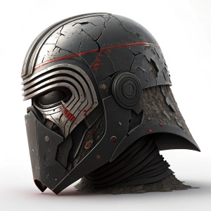 Kylo Ren's helmet, cracked and damaged from numerous confrontations, bears witness to his fierce history in the galaxy.