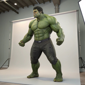 3D render of the Hulk character from Marvel. Background: digital studio environment. Hulk standing with clenched fists