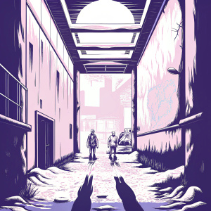 Virtual scene: Narrow alleyway in Cyberpunk 2077, dimly lit with blue neon lights. Graffiti covers the walls. Eerie atmosphere.