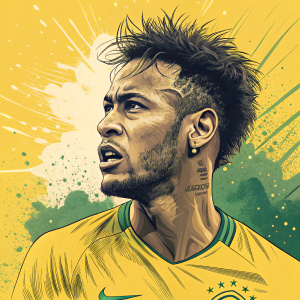 Digital art piece featuring Neymar, intense facial expression, vibrant yellow and green tones, dynamic splatter effects, graphic design style