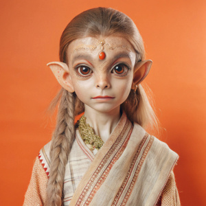 alien,very young, anthropomorphic, very human-like, kind facial expression, skin and hair like a human, thick long hair, a strip of wool along the spine, depicted in three quarters, clothes like an Indian, photorealistic, clear image, portrait