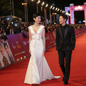 Sun Li and Deng Chao at a bustling celebrity gala. Sun Li in a sleek white gown with V-neck and bow detail. Deng Chao in black suit. They stand on a red carpeted area, surrounded by flashing cameras and fans.