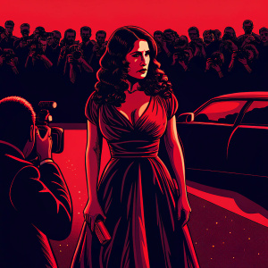 Salma Hayek at Cannes Film Festival, stunning in a red satin gown. Crowds and flashing cameras