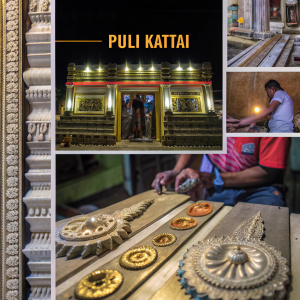 A vibrant digital page showcasing 'Puli Kattai', an ancient Indian woodworking art. Featuring photos of skilled artisans at work and detailed images of the craft's intricate steps. Full of rich details.