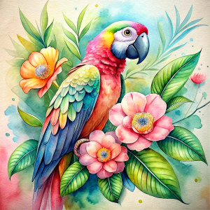 Vintage Old, Watercolor Soft Colors, Tropical Flowers and Plants Bonita Macaw