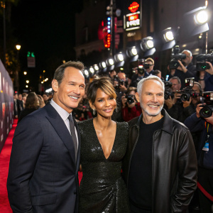 Patrick Wilson, Halle Berry, and Roland Emmerich at a bustling movie premiere. They pose for photographers, surrounded by flashing lights and excited fans.