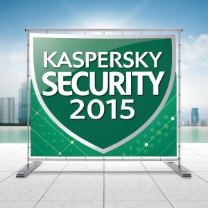 Digital advertisement featuring Kaspersky Security 2015. Vibrant green and white design. Multiple languages including Sinhala and English. Sleek, modern background.
