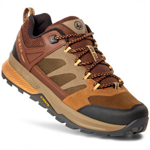 The Merrell Zion GTX, a tough hiking shoe, in a mix of brown and tan. Laced up tight with several straps. The shoe has a strong logo on the side and a sturdy sole for the trails. Bright white background.