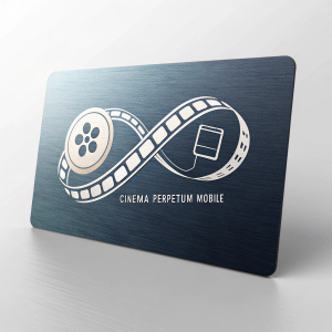 Custom business cards for Cinema Perpetuum Mobile, a short film festival. Modern, sleek design. Logo and text prominently featured.