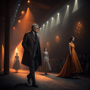Sidney Toledano at the launch event for Dior's new collection. Dark venue with orange-hued spotlights casting dramatic shadows.