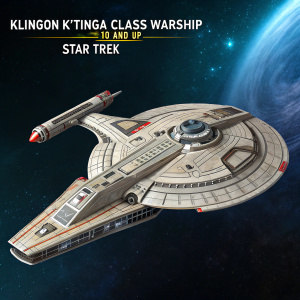 A Star Trek model kit featuring the Klingon K'tinga class warship. The ship is intricately designed with angular hulls and detailed panels. Deep space background. Suitable for ages 10 and up. Package features Star Trek logo and text.