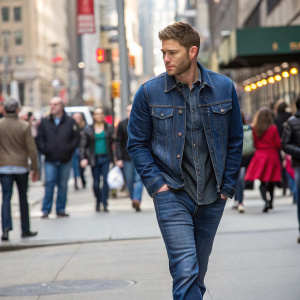 Jensen Ackles in casual attire. Blue jeans and denim jacket. Walking down a busy street. Crowded urban scene.