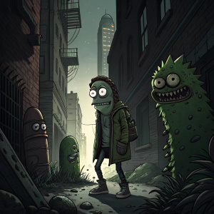 Pickle Rick, the notorious pickle version of Rick Sanchez, stands in a dark alley. Surrounded by monstrous adversaries in a dystopian cityscape. The illustration features a gritty, noir-inspired comic book style.