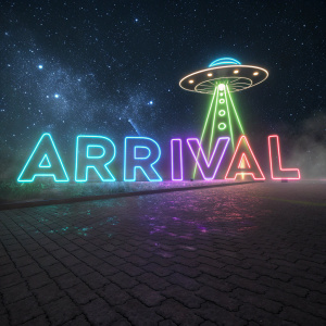 Futuristic depiction of the word 'ARRIVAL' intertwined with an alien figure composed of neon lights and geometric shapes against a dark cosmic background.