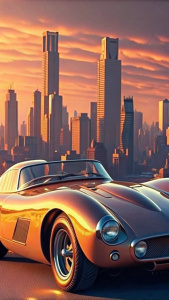 yellow old school super car dengan background skyscraper