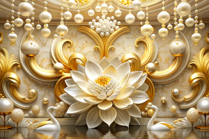 3d ceiling interior wallpaper with luxury beautiful golden jewellery flowers, swan, background for wall print