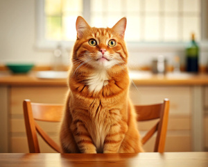 red cat is smiling, looking away, at the table, kitchen, sharp focus