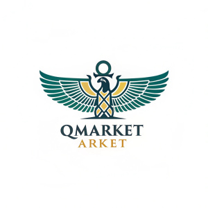 The logo for QMarket, featuring a mythical emblem blending elements of a winged being with the ancient symbol 'arket'. It is designed in a minimalist style, set against a plain white background, with 'arket' written in a clean, modern font.