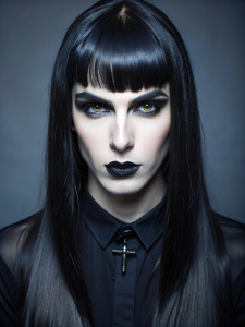 freaky Nu-Goth transgender male, round cheeks face, white skin, very long black silk hair, straight large bangs, intense blue eyes, black lipstick, black dress with upside down cross, no smile, photo