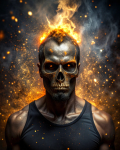 Effect, photoshop action, realistic black skull with human body, with gold spot on head, gold spot, flames of fire, sparks, dust, xd quality, micro detail sharpening,