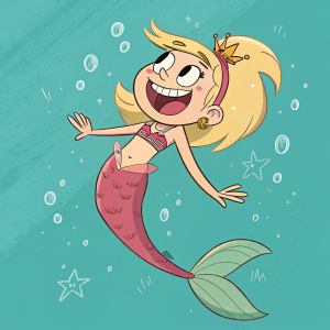 Cartoon mermaid from Star vs The Forces of Evil. Smiling joyfully. Blonde hair. Bright teal background. Digital art