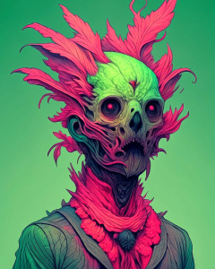 the cartoon features an image of a man with a head with feathers, in the style of vibrant nightmares, hyper-detailed, light green and magenta, graphic design-inspired illustrations, skeletal, i can't believe how beautiful this is, twisted characters
