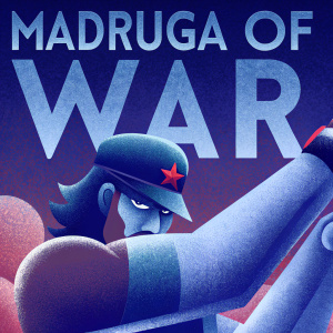Madruga of War, a graphic novel poster. Dynamic muscular man, determined expression, cap, and distinctive look. Bold red and gray colors with gritty texture.