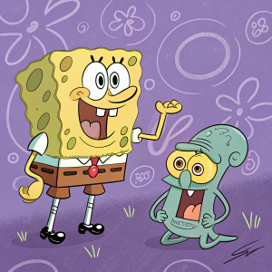 Close-up of SpongeBob SquarePants and Squidward. Vibrant purple background with whimsical patterns. Dynamic, cartoon-style art