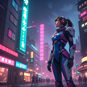 Digital artwork featuring D.Va from Overwatch. Futuristic setting with neon lights.