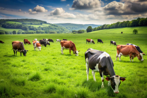 Cows eating lush grass on the green field