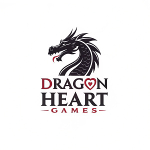 Dragon Heart Games logo featuring a bold black dragon, elegant brushstroke pen, and the text 'Dragon Heart Games' in a modern sans-serif font.