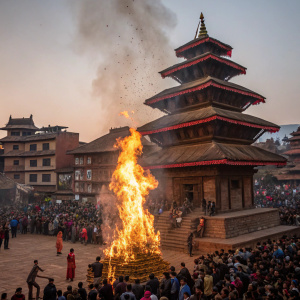 During the Ghantakarna festival in Bhaktapur, Nepal, a massive effigy is set ablaze. Crowds gather around it, traditional architecture visible in the background.