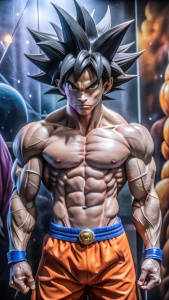 Full hd goku anime character poster with devil eye and heavy bodybuilding 