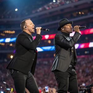 Donnie Wahlberg and Ne-Yo, dressed in black suits, singing on a crowded stadium stage.