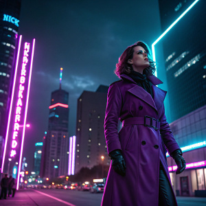 Rogue from X-Men in a dynamic pose. Wearing a purple trench coat and black gloves. Standing in front of a neon-lit cityscape at night.