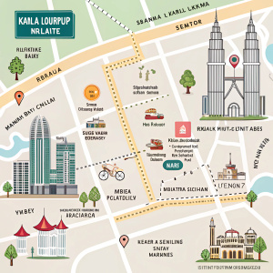 Detailed tourist map highlighting various attractions in Kuala Lumpur, Malaysia. Multiple signs in diverse shapes and sizes, angled across a grid layout, indicate distinct locations.